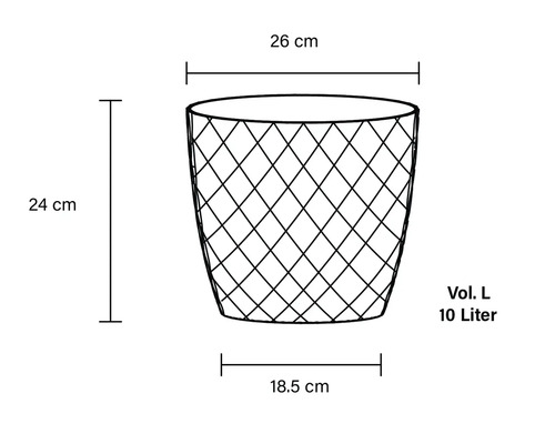 Schiță a unui coș de gunoi cu dimensiunile de 26 cm lățime, 24 cm înălțime și 18,5 cm adâncime, volum de 10 litri