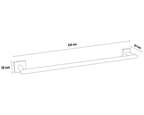 Suport pentru prosoape cu dimensiunile de 630 mm lungime, 50 mm înălțime și 85 mm lățime.