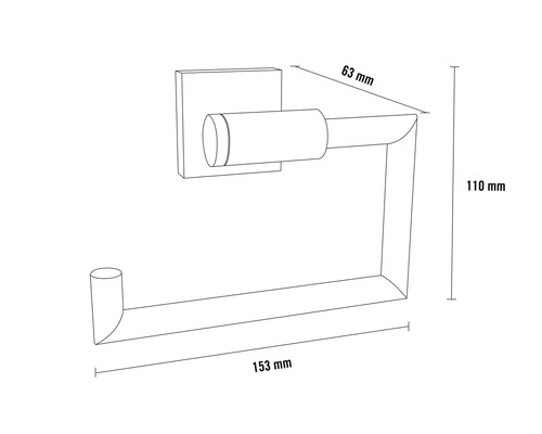 Imagine cu un suport pentru hârtie igienică cu dimensiunile de 63 mm, 110 mm și 153 mm.