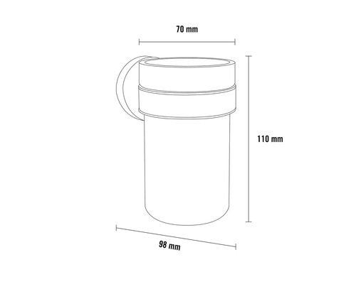 Desen tehnic al unui recipient cu dimensiunile de 70 mm, 98 mm și 110 mm.