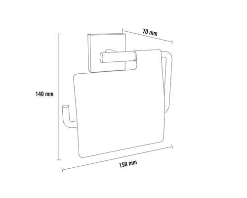 Desen tehnic al unui suport de hârtie igienică cu dimensiunile 70 mm adâncime, 140 mm înălțime și 150 mm lățime.