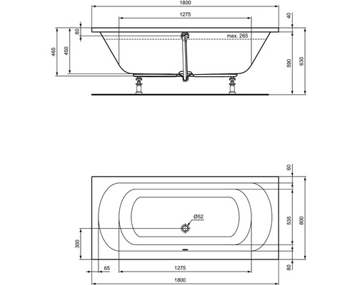 Desen tehnic al unei căzi cu dimensiuni