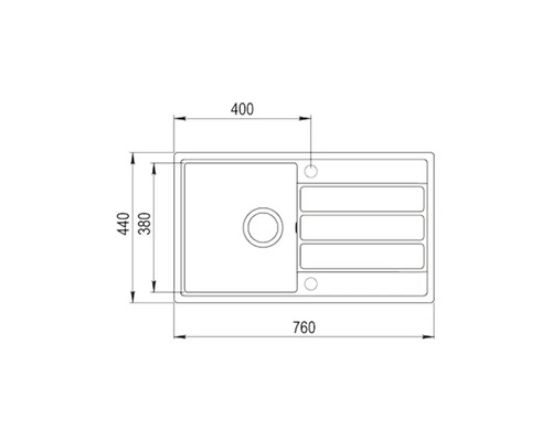 Desen tehnic cu o chiuvetă de bucătărie cu dimensiunile 440 x 760 x 400 mm.