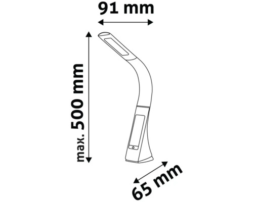 Dimensiunile unei lămpi de masă: 91 mm lățime, înălțime maximă 500 mm, 65 mm adâncime