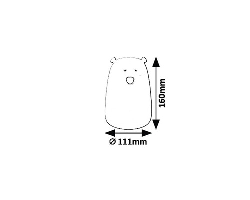 Desen dimensional al unei lămpi urs cu dimensiuni de 160 milimetri înălțime și 111 milimetri în diametru