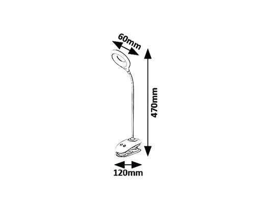 Dimensiunile unei lămpi cu clemă cu un cap de lampă de 60 mm, o înălțime de 470 mm și o clemă de 120 mm