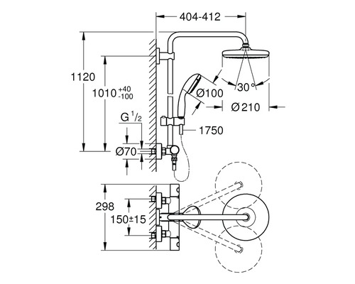 Desen tehnic al unei baterii de duș cu dimensiuni.