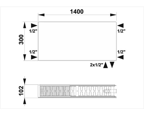 Desen tehnic al unui radiator cu dimensiuni în milimetri și țoli