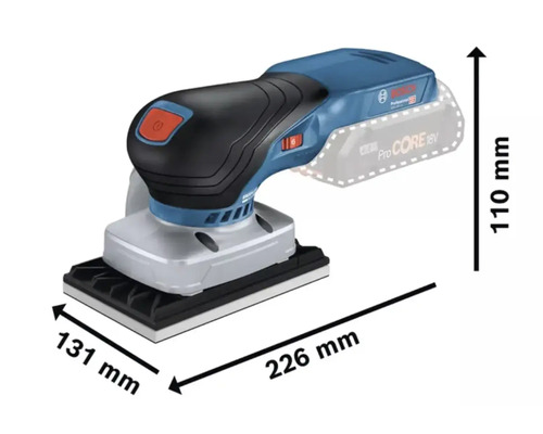 Șlefuitor orbital cu acumulator Bosch Professional cu dimensiunile de 226 mm lungime, 131 mm lățime și 110 mm înălțime