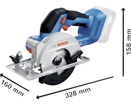 Fierăstrău circular portabil cu acumulator Bosch cu dimensiunile 160 mm x 328 mm x 158 mm
