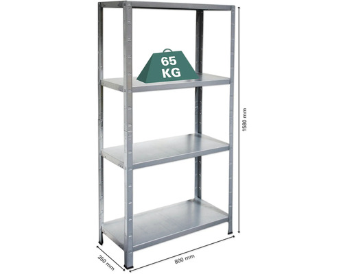 Raft metalic cu trei rafturi, lățime 800 milimetri, adâncime 350 milimetri și înălțime 1580 milimetri