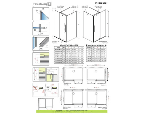 Desen tehnic al ușii de duș Radaway Furo KDJ cu indicații de dimensiuni