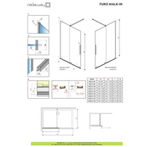 Desen tehnic al peretelui de duș Radaway Furo Walk-In cu dimensiuni și instrucțiuni de montaj