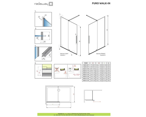 Desen tehnic al peretelui de duș Radaway Furo Walk-In cu dimensiuni și instrucțiuni de montaj
