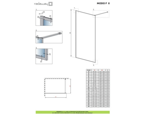 Desen tehnic al unui paravan de duș Radaway Modo F II cu dimensiuni