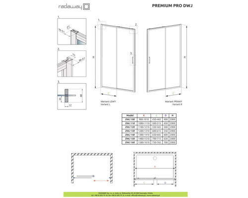 Desen tehnic al cabinei de duș Premium Pro DWJ de la Radaway cu dimensiuni