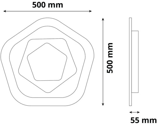 Desen tehnic al unei lămpi de perete cu dimensiunile de 500 milimetri pe 500 milimetri pe 55 milimetri