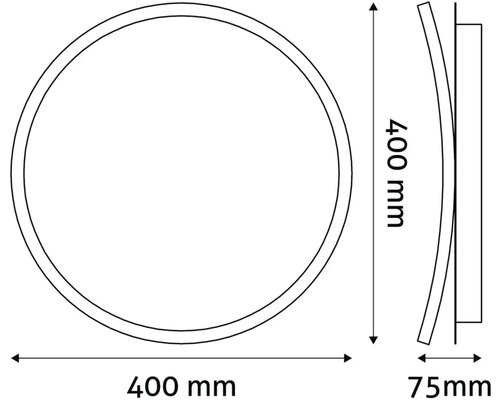 Desen tehnic al unei oglinzi rotunde cu dimensiunile de 400 mm în diametru și 75 mm în profunzime