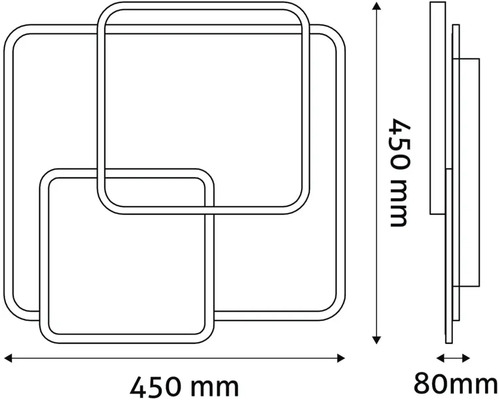 Desen tehnic al unei lămpi de tavan cu LED pătrată cu dimensiunile de 450 mm x 450 mm x 80 mm