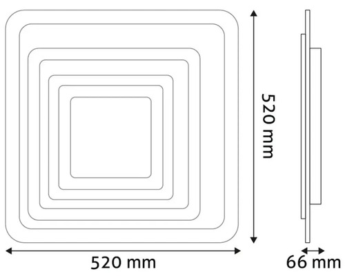 Desen al unei lămpi de tavan pătrate cu dimensiunile de 520 mm x 520 mm x 66 mm.