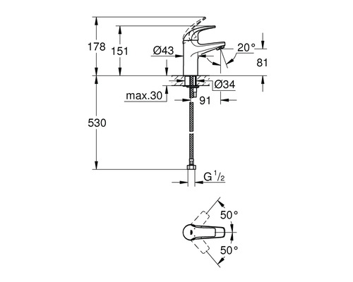 Desen tehnic al unei baterii de apă cu dimensiuni