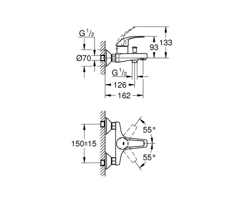 Desen tehnic al unei baterii de duș aparente cu dimensiuni