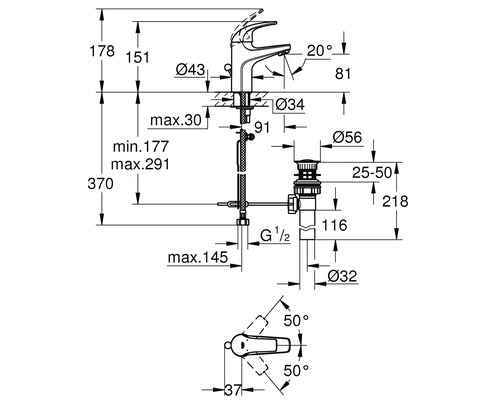 Desen tehnic al unui robinet cu dimensiuni