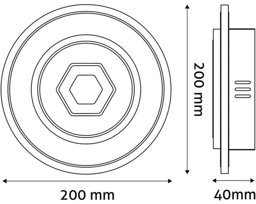 Desen tehnic al unui produs rotund cu dimensiunile de 200 mm x 200 mm x 40 mm