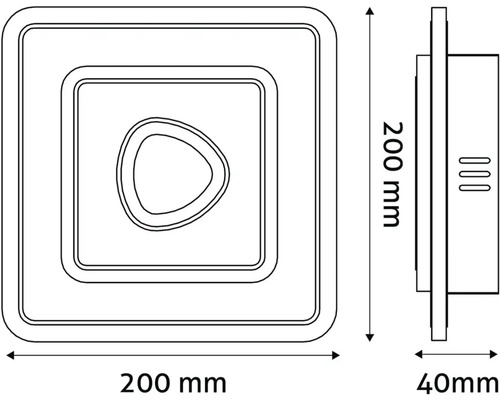 Desen tehnic al unei lămpi pătrate cu dimensiunile 200 mm x 200 mm x 40 mm