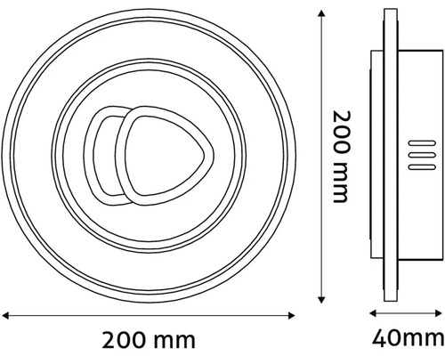 Desen tehnic al unei lămpi rotunde cu dimensiunile de 200 mm diametru și 40 mm adâncime.