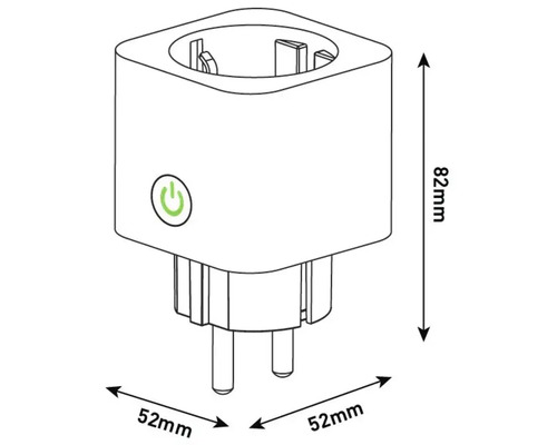 Imagine a unei prize inteligente pentru casă, cu dimensiunile de 82 x 52 x 52 milimetri