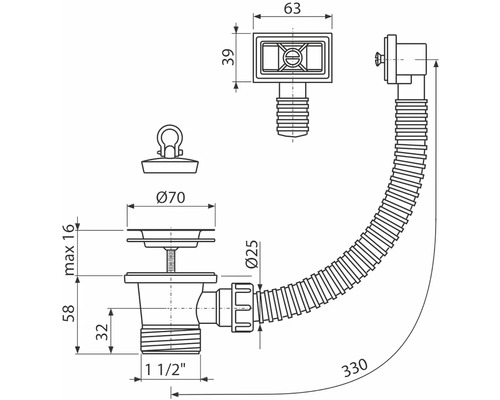 Desen tehnic al unui sifon cu dimensiuni
