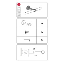 Instrucțiuni de montaj pentru o bară de perdea cu accesorii și indicații de dimensiuni
