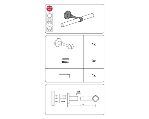 Instrucțiuni de montaj pentru o bară de perdea cu accesorii și indicații de dimensiuni