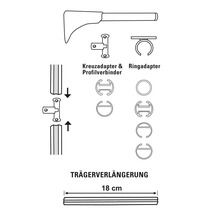 Schiță cu accesorii pentru bare de perdea, inclusiv adaptor cruce, adaptor inel, conector profil și o extensie de suport cu o lungime de 18 centimetri