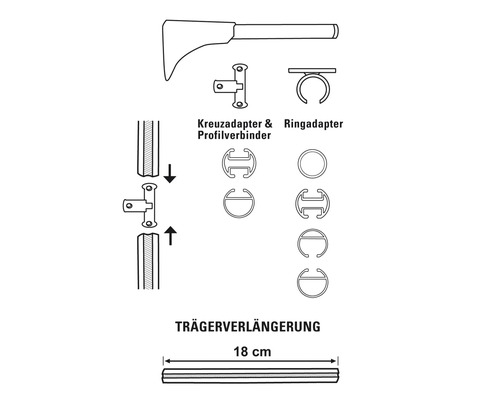 Schiță cu accesorii pentru bare de perdea, inclusiv adaptor cruce, adaptor inel, conector profil și o extensie de suport cu o lungime de 18 centimetri