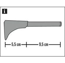 Ilustrație a unui cui de trasare cu dimensiunile de 5,5 cm și 9,5 cm.