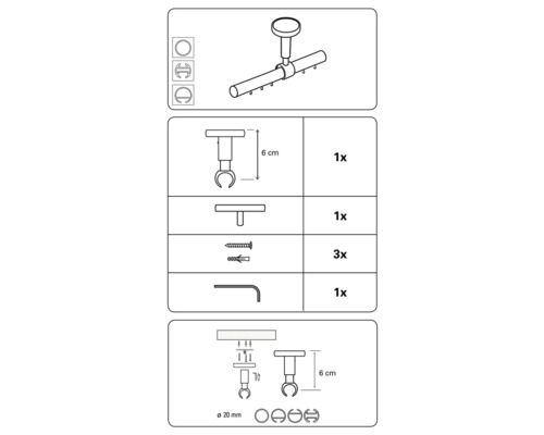 Desen al unei tije de perdea de tavan cu accesorii și dimensiuni