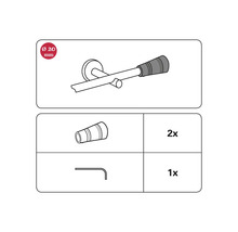 Desen al unui set de accesorii de baie de 20 mm cu două dibluri și o cheie imbus