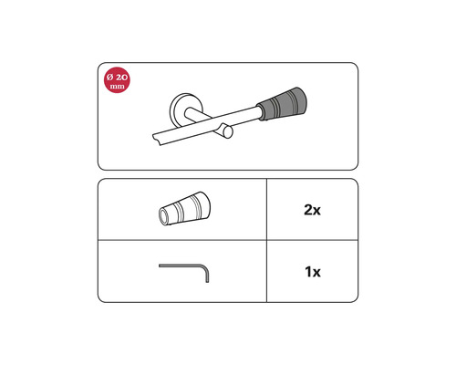 Desen al unui set de accesorii de baie de 20 mm cu două dibluri și o cheie imbus