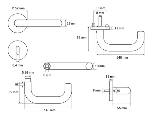 Desen tehnic al unui mâner de ușă cu dimensiuni