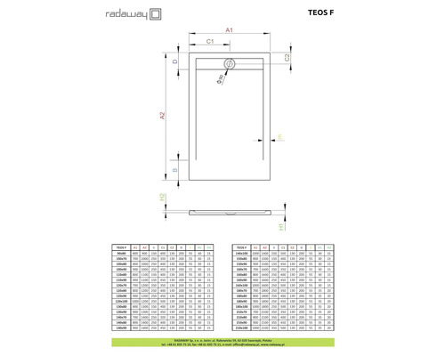 Desen tehnic al cădiței de duș Radaway Teos F cu dimensiuni