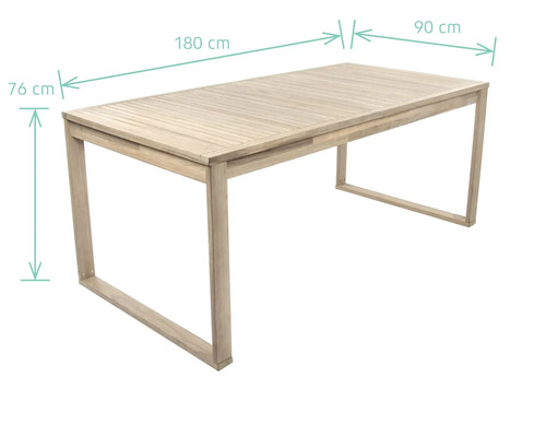 Masa de dining din lemn cu dimensiunile 180 cm x 90 cm și o înălțime de 76 cm.