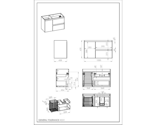 Desen tehnic al unui set de mobilier de baie cu dimensiuni