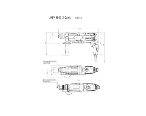 Desen tehnic al unei mașini de găurit Metabo UHEV 2860-2 Quick cu dimensiuni indicate