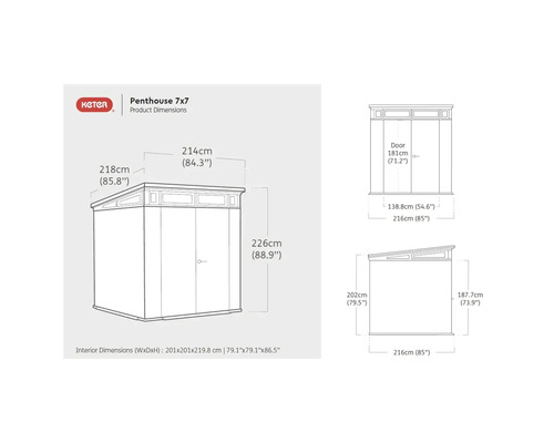 Dimensiunile produsului Keter Penthouse 7x7 cu indicații de dimensiune