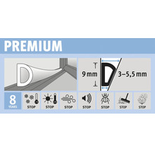 Profil de etanșare cu dimensiunile 9 mm și 3 până la 5,5 mm, oprește frigul, căldura, vântul, zgomotul, insectele, murdăria și polenul, garanție 8 ani