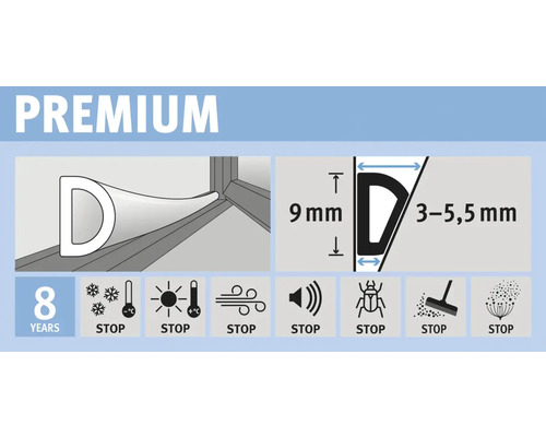Profil de etanșare cu dimensiunile 9 mm și 3 până la 5,5 mm, oprește frigul, căldura, vântul, zgomotul, insectele, murdăria și polenul, garanție 8 ani