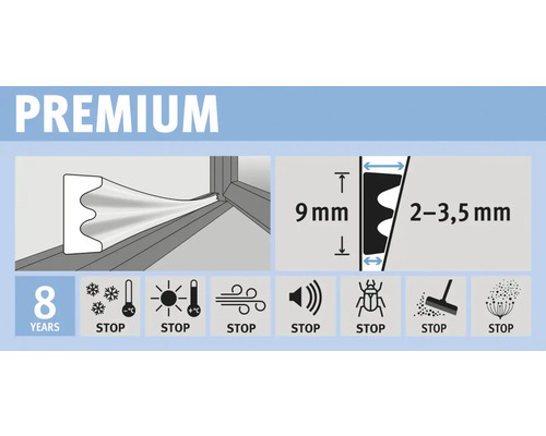 Imaginea produsului cu o etanșare premium cu dimensiunile de 9 mm și 2 până la 3,5 mm și o garanție de 8 ani. Protejează împotriva frigului, căldurii, vântului, zgomotului, dăunătorilor și murdăriei.