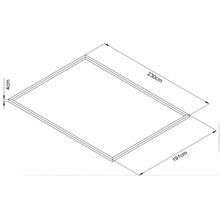 Imaginea unui cadru dreptunghiular din lemn cu dimensiunile de 230 cm pe 191 cm și o grosime a cadrului de 4 cm.